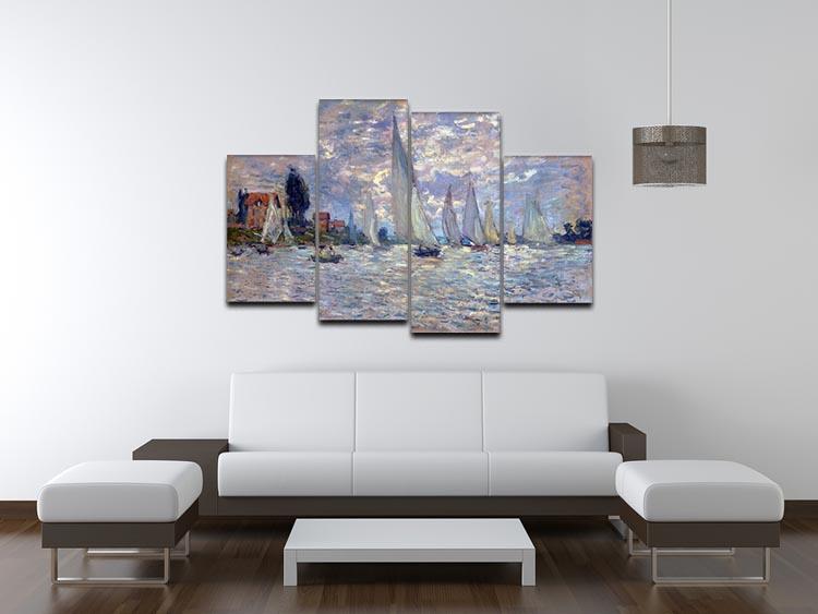 Les Barques by Monet 4 Split Panel Canvas artwork featuring serene water scenes divided into four panels, showcasing vibrant colors and impressionist style.