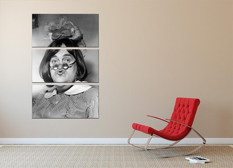 Les Dawson in drag 3-panel canvas print showcasing vibrant colors and humorous design.