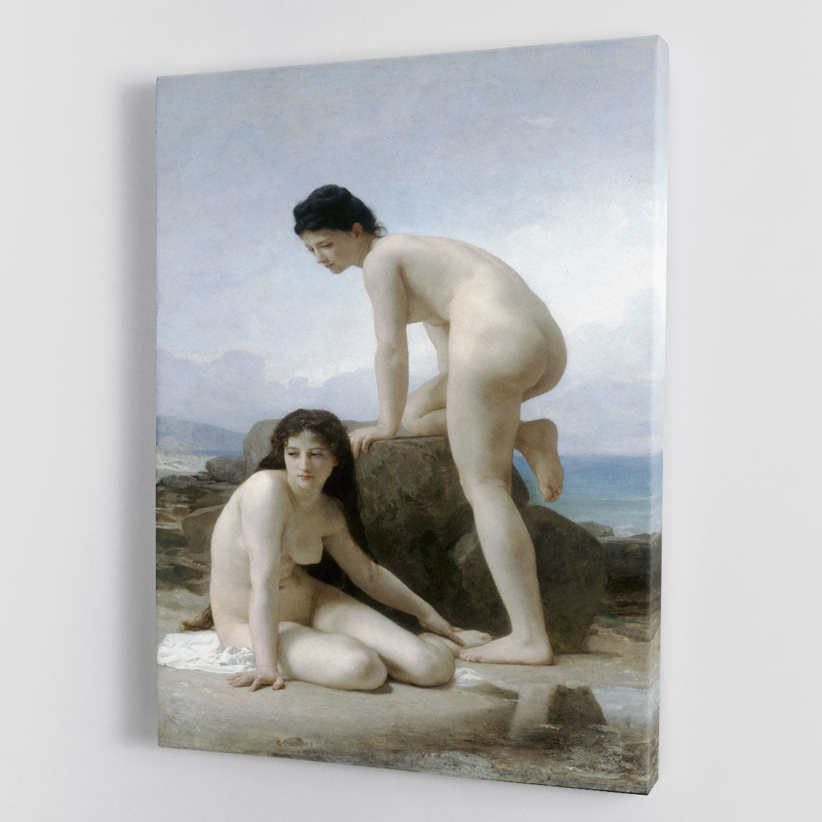 Canvas print of Les Deux Baigneuses by Bouguereau, featuring two women bathing in a serene setting, showcasing exquisite detail and soft colors.