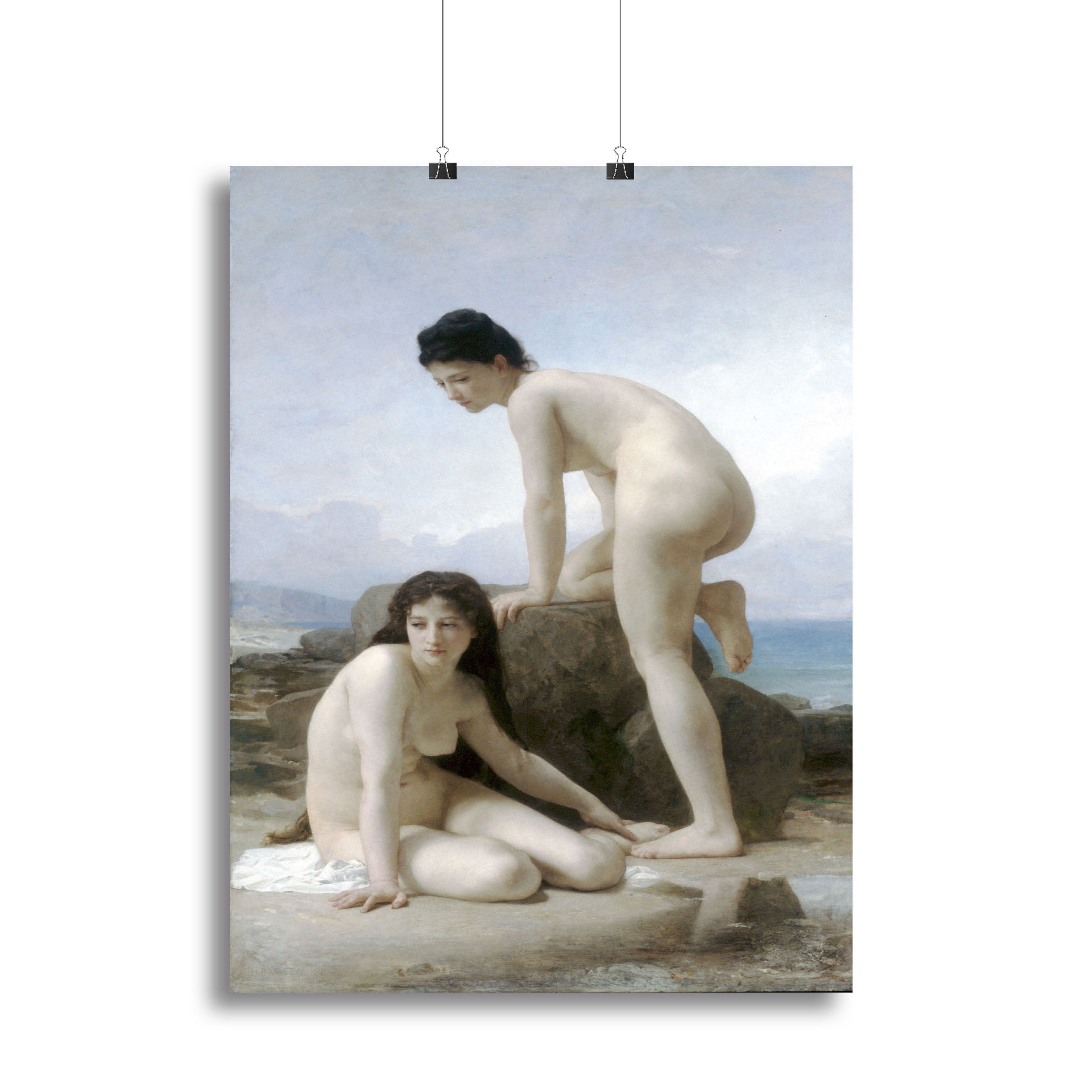 Canvas print of Les Deux Baigneuses by Bouguereau, featuring two women bathing in a serene setting, showcasing exquisite detail and soft colors.