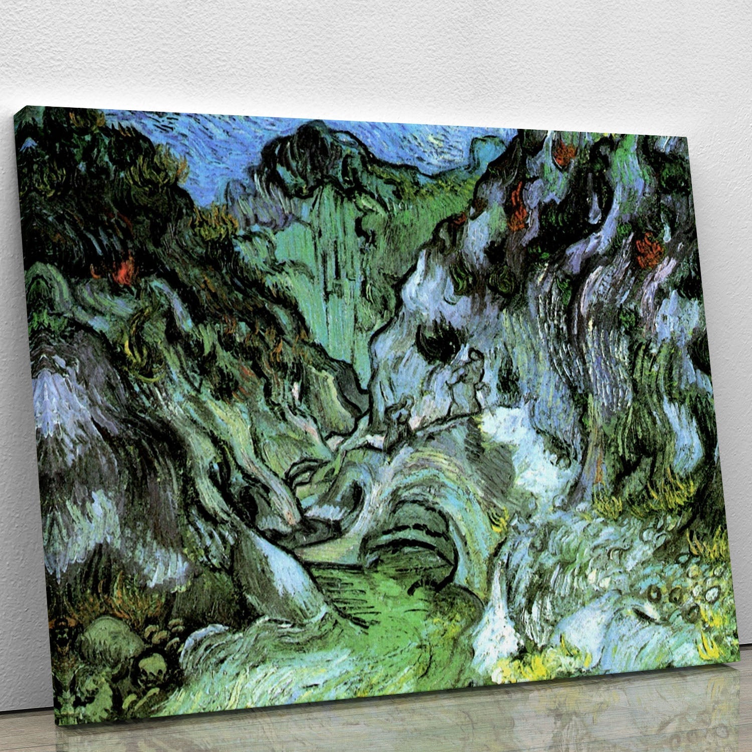 Les Peiroulets Ravine 2 canvas print by Van Gogh, showcasing vibrant colors and expressive brushwork, perfect for home decor.