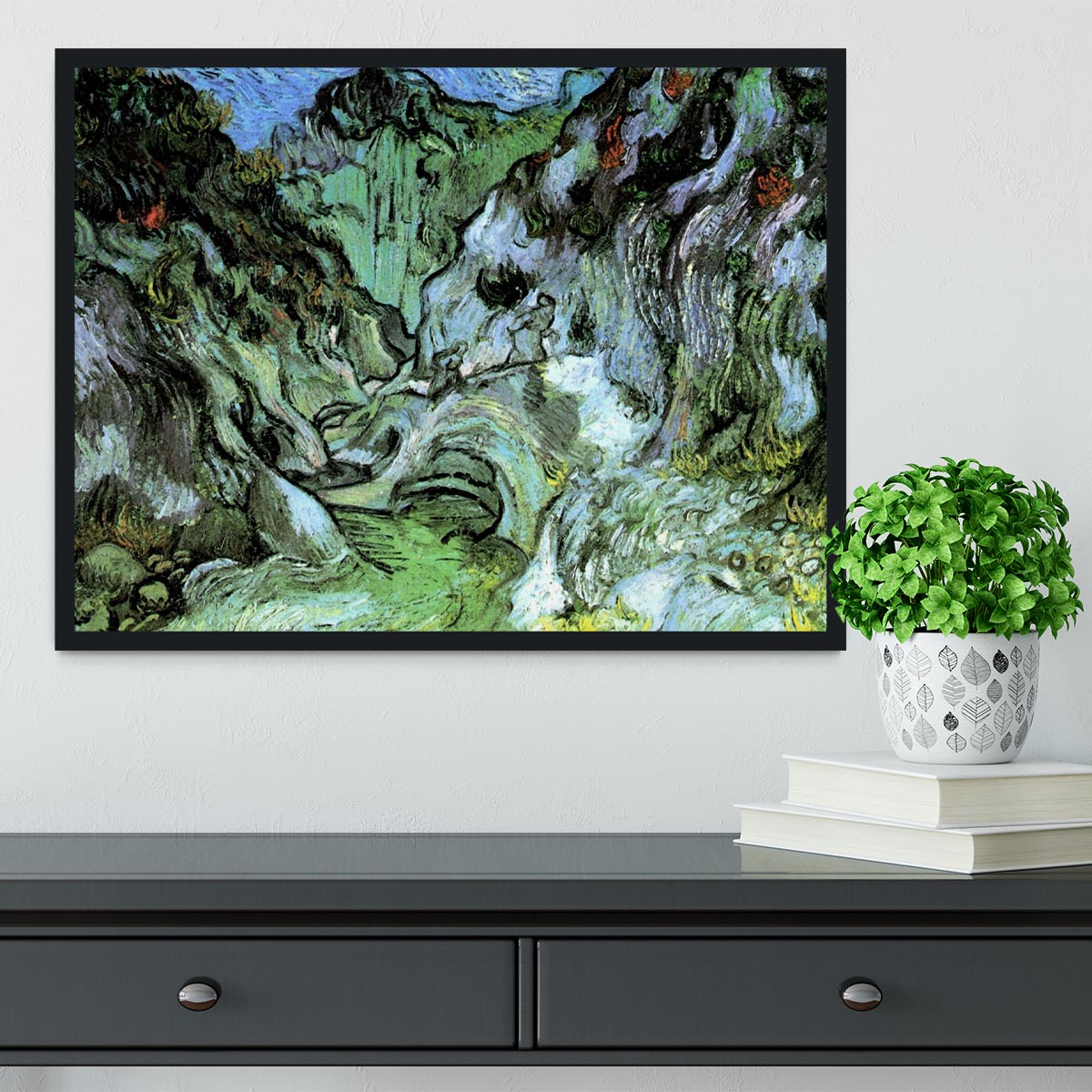 Les Peiroulets Ravine 2 by Van Gogh framed print in a stylish black frame, showcasing vibrant colors and intricate details.