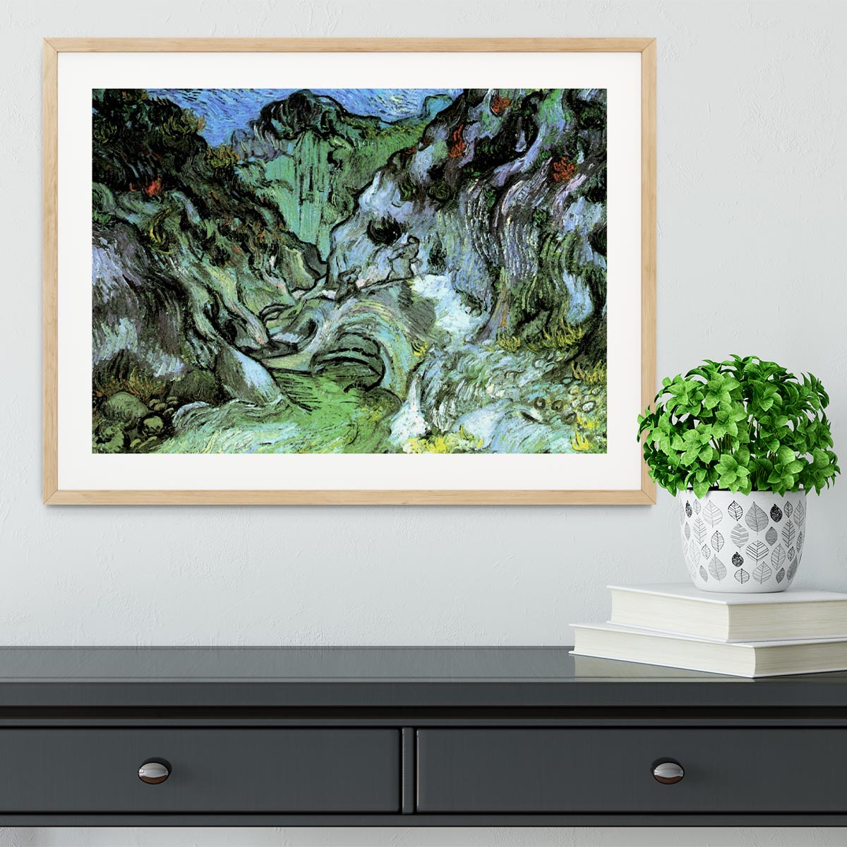 Les Peiroulets Ravine 2 by Van Gogh framed print in a stylish black frame, showcasing vibrant colors and intricate details.