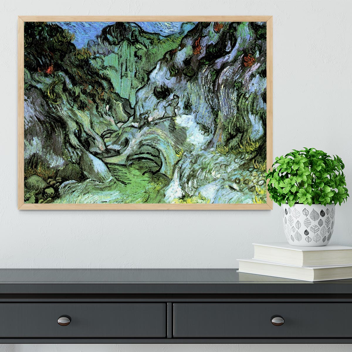 Les Peiroulets Ravine 2 by Van Gogh framed print in a stylish black frame, showcasing vibrant colors and intricate details.