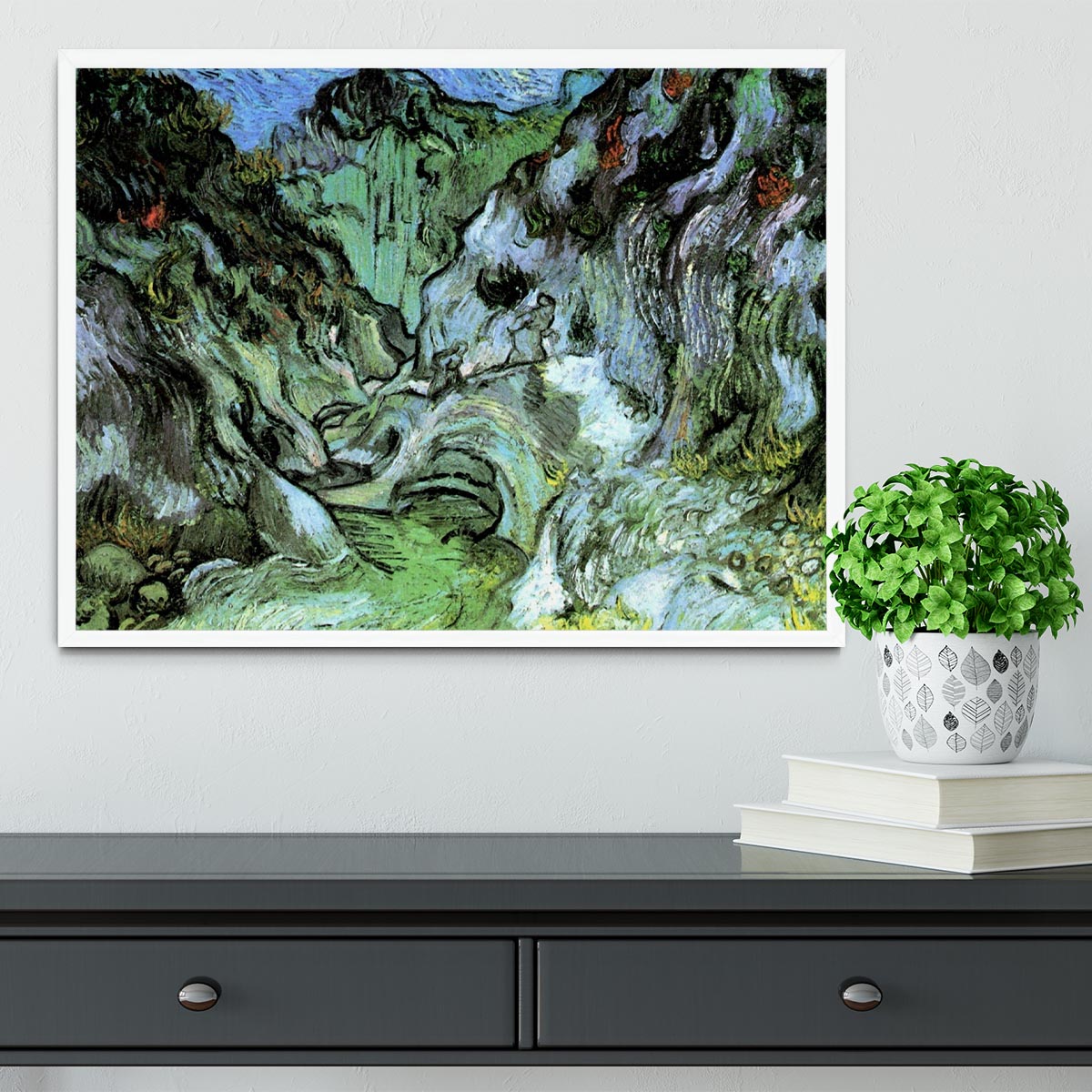Les Peiroulets Ravine 2 by Van Gogh framed print in a stylish black frame, showcasing vibrant colors and intricate details.