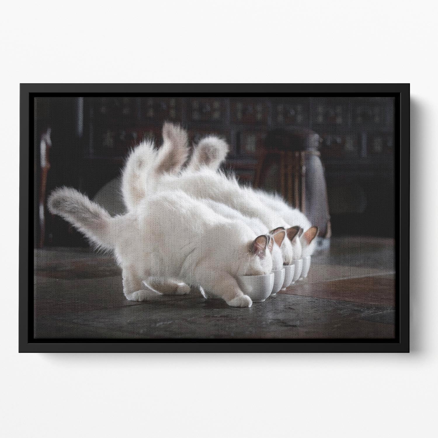 Let There Be Milk Floating Framed Canvas featuring vibrant abstract art in an elegant wooden frame, perfect for home decor.