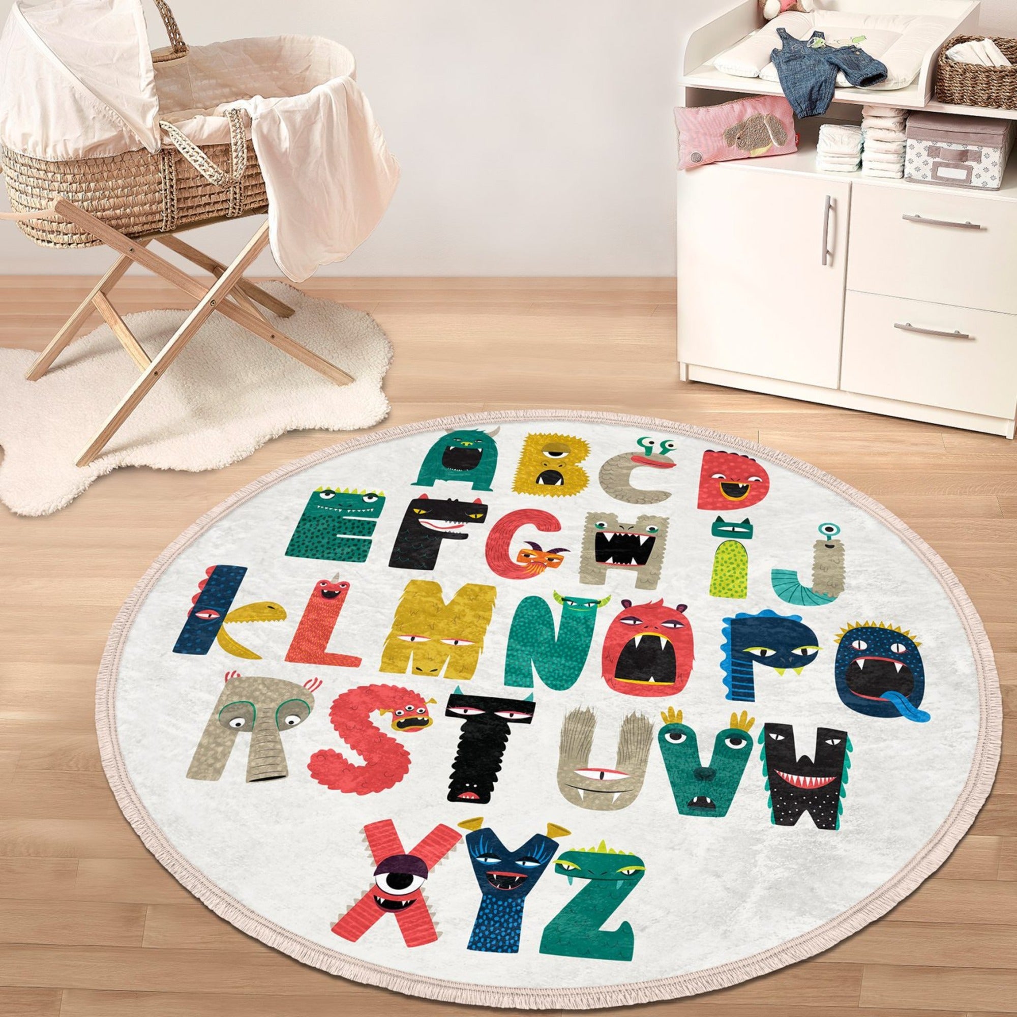 Letters Print Nursery Room Decorative Round Rug featuring colorful letters, soft velvet fabric, and a nonslip backing, ideal for kids' playrooms.