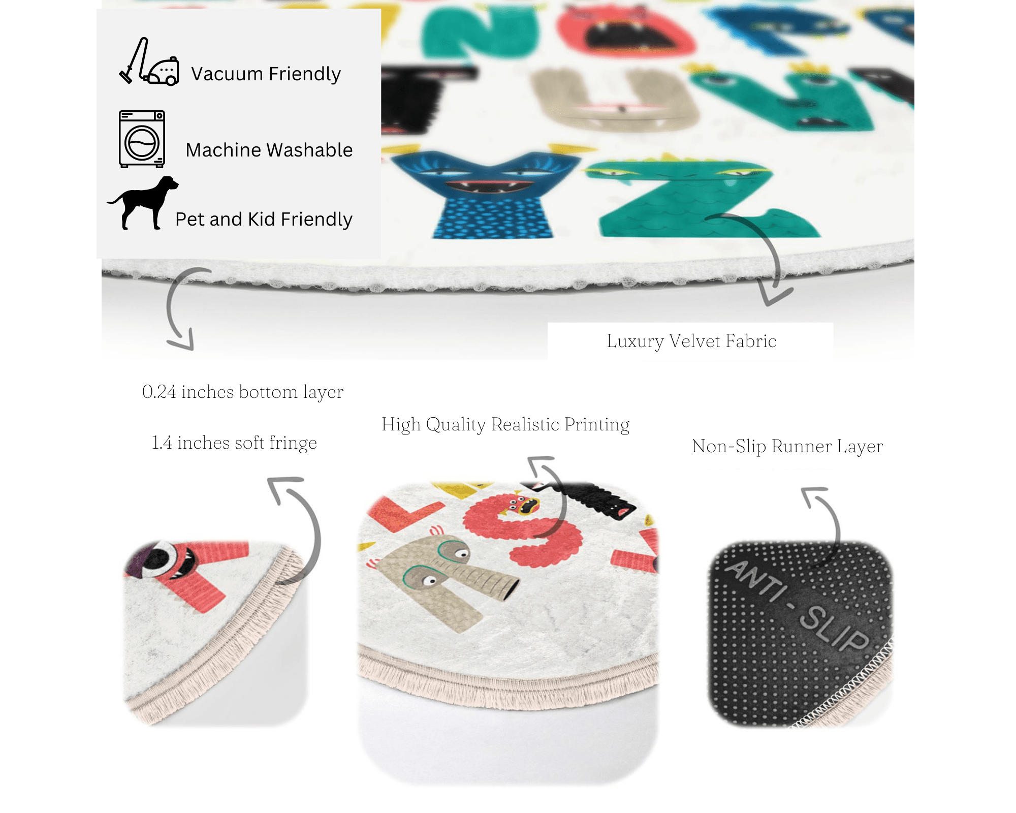 Letters Print Nursery Room Decorative Round Rug featuring colorful letters, soft velvet fabric, and a nonslip backing, ideal for kids' playrooms.