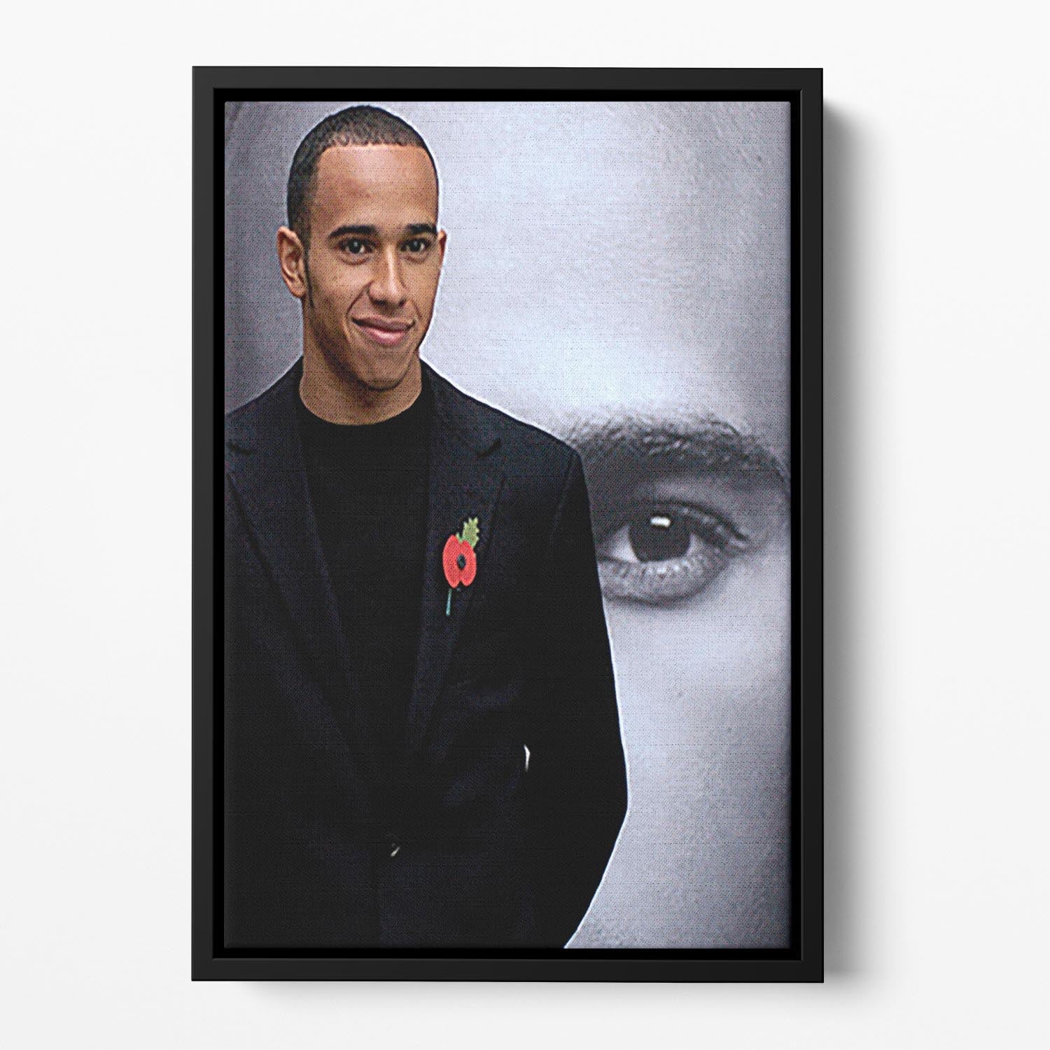 Lewis Hamilton Floating Framed Canvas featuring vibrant abstract design in a sleek wooden frame.
