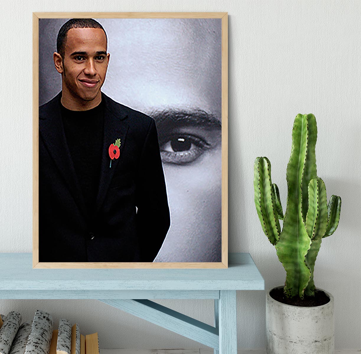 Lewis Hamilton Framed Print showcasing vibrant colors and quality craftsmanship in a stylish black frame.