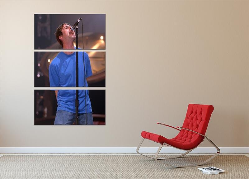 Liam Gallagher singing captured in a stunning 3-panel canvas print, showcasing vibrant colors and detailed imagery.