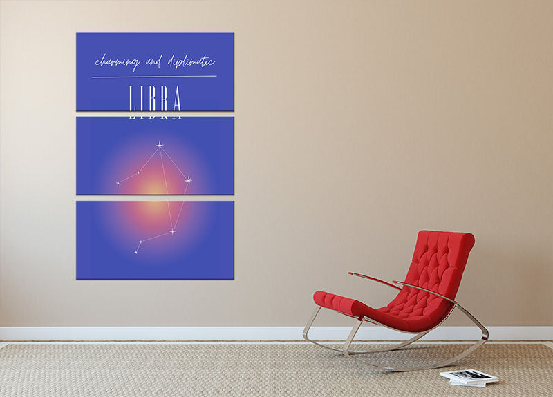 Libra Zodiac Harmony Art 3 Split Panel Canvas Print showcasing a beautiful design with astrological elements, perfect for home decor.
