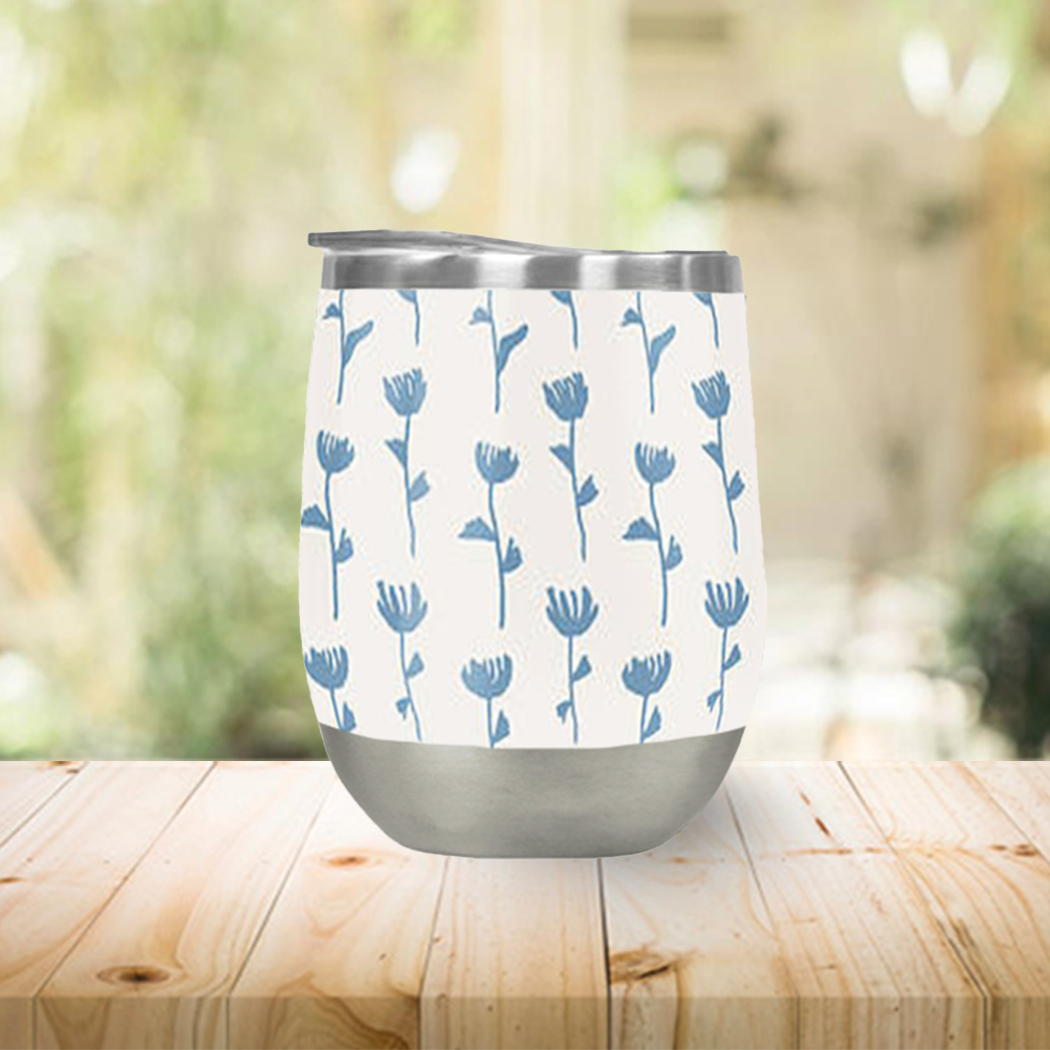 Light Blue Flower Wine Tumbler with floral design, showcasing double-wall insulation and a plastic lid.