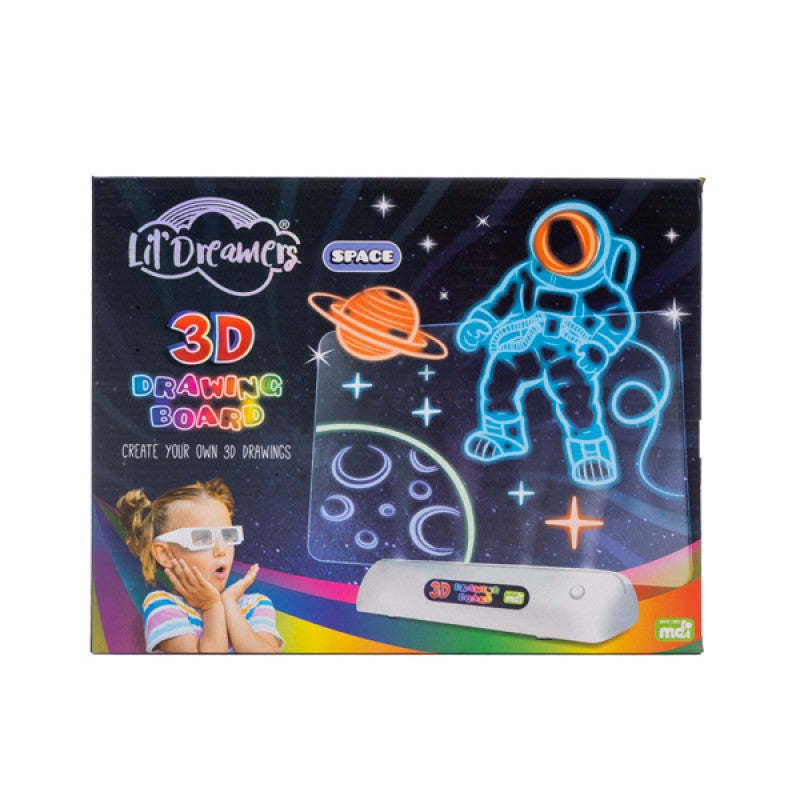 Lil Dreamers Space 3D Illuminate Drawing Board with colorful markers and 3D glasses, showcasing space-themed illustrations.