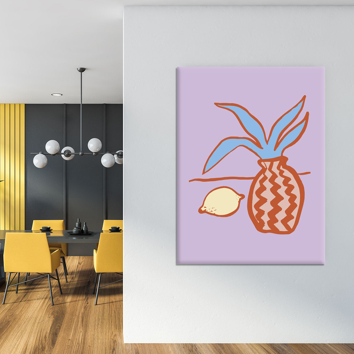 A vibrant lilac lemon canvas print featuring a refreshing color palette, perfect for home or office decor.
