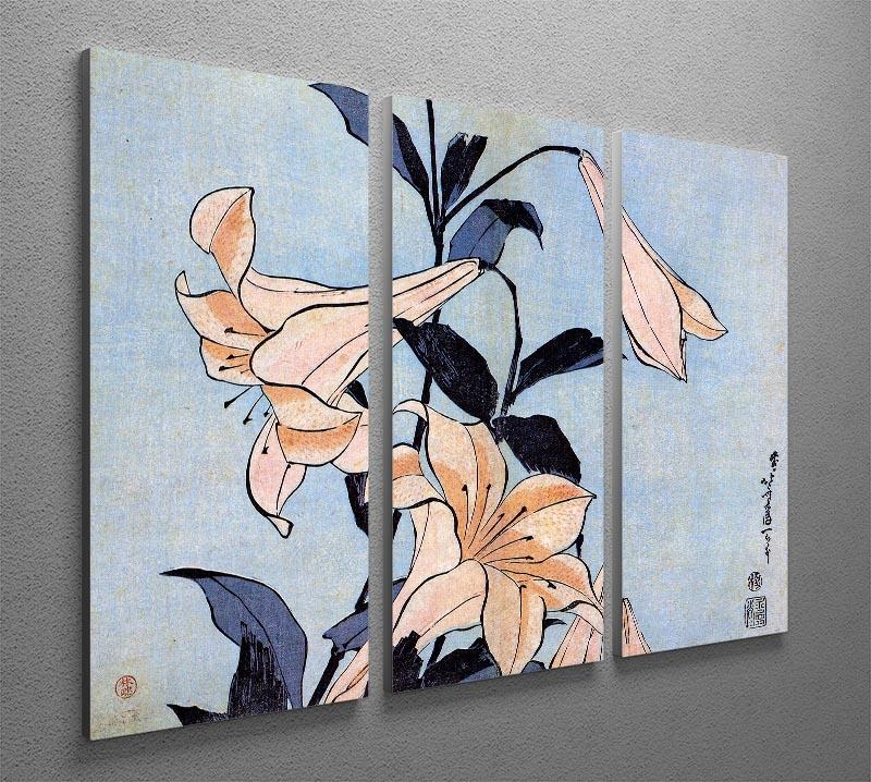 Three-panel canvas print featuring Hokusai's iconic lilies, showcasing vibrant colors and intricate details.