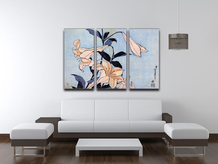 Three-panel canvas print featuring Hokusai's iconic lilies, showcasing vibrant colors and intricate details.