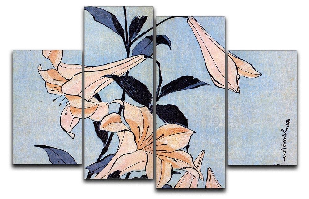 A beautiful 4 split panel canvas featuring Hokusai's Lilies artwork, showcasing vibrant colors and intricate details.