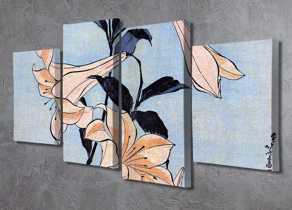A beautiful 4 split panel canvas featuring Hokusai's Lilies artwork, showcasing vibrant colors and intricate details.