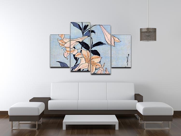 A beautiful 4 split panel canvas featuring Hokusai's Lilies artwork, showcasing vibrant colors and intricate details.