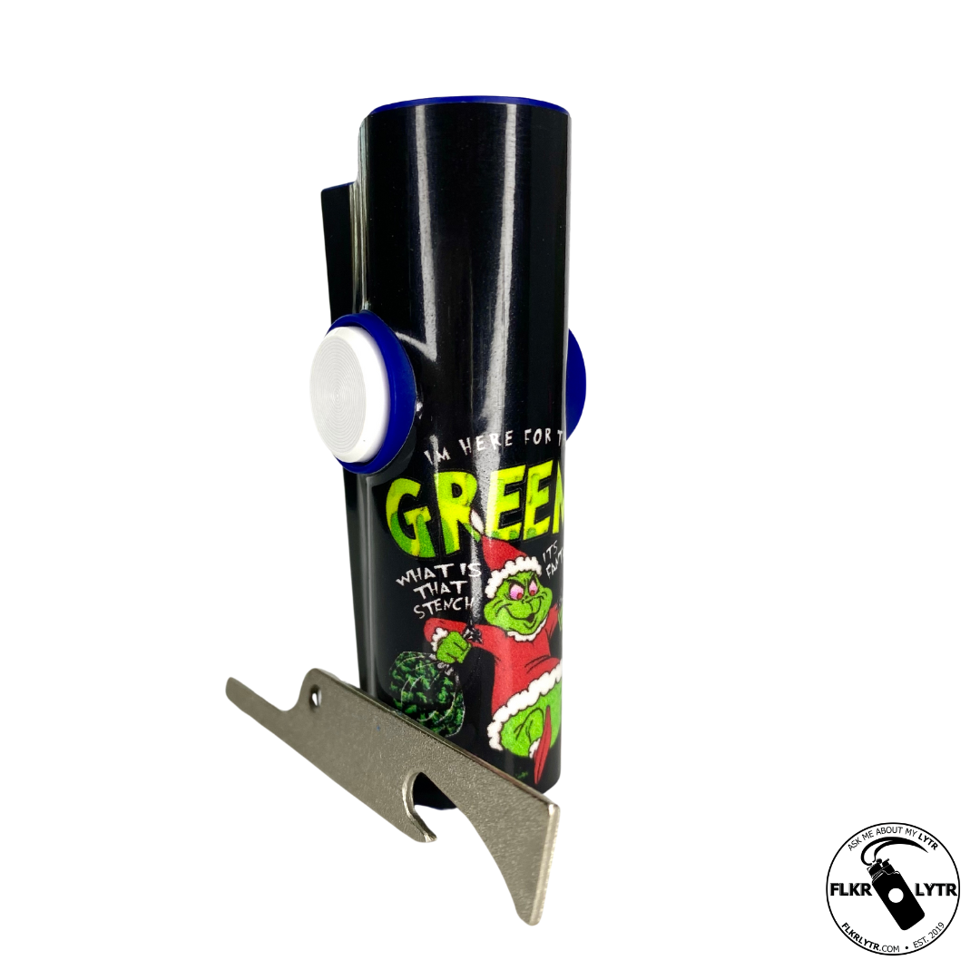 Limited Edition 'The One Man Who Stole Christmas' FLKR LYTR Fidget lighter case with metal poker and bottle opener features.