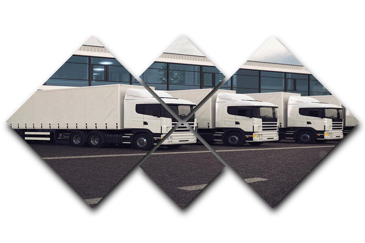A multi-panel canvas artwork featuring a line of white lorries, divided into four equal square sections, showcasing modern design.