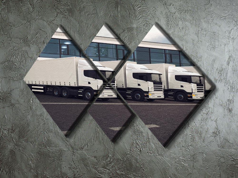 A multi-panel canvas artwork featuring a line of white lorries, divided into four equal square sections, showcasing modern design.