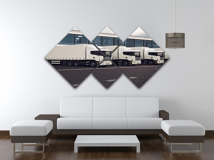 A multi-panel canvas artwork featuring a line of white lorries, divided into four equal square sections, showcasing modern design.