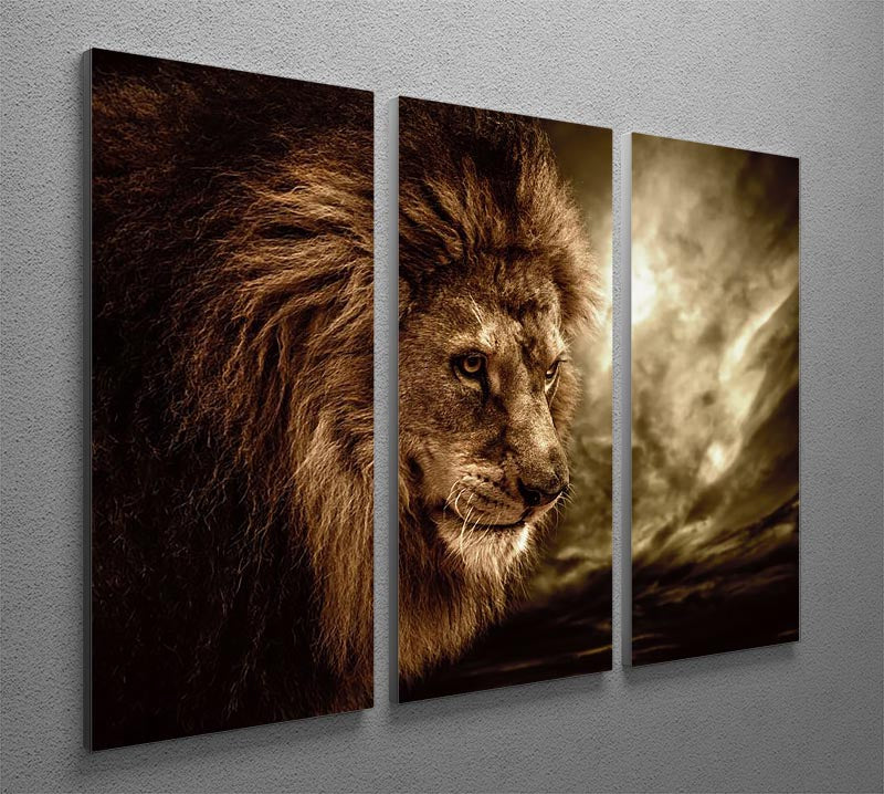 A striking 3-panel canvas print featuring a lion against a dramatic stormy sky, showcasing vibrant colors and intricate details.