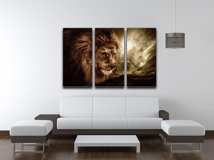 A striking 3-panel canvas print featuring a lion against a dramatic stormy sky, showcasing vibrant colors and intricate details.