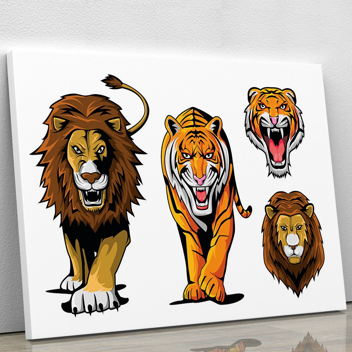 A vibrant canvas print featuring a lion and tiger in a natural setting, showcasing their majestic beauty and intricate details.