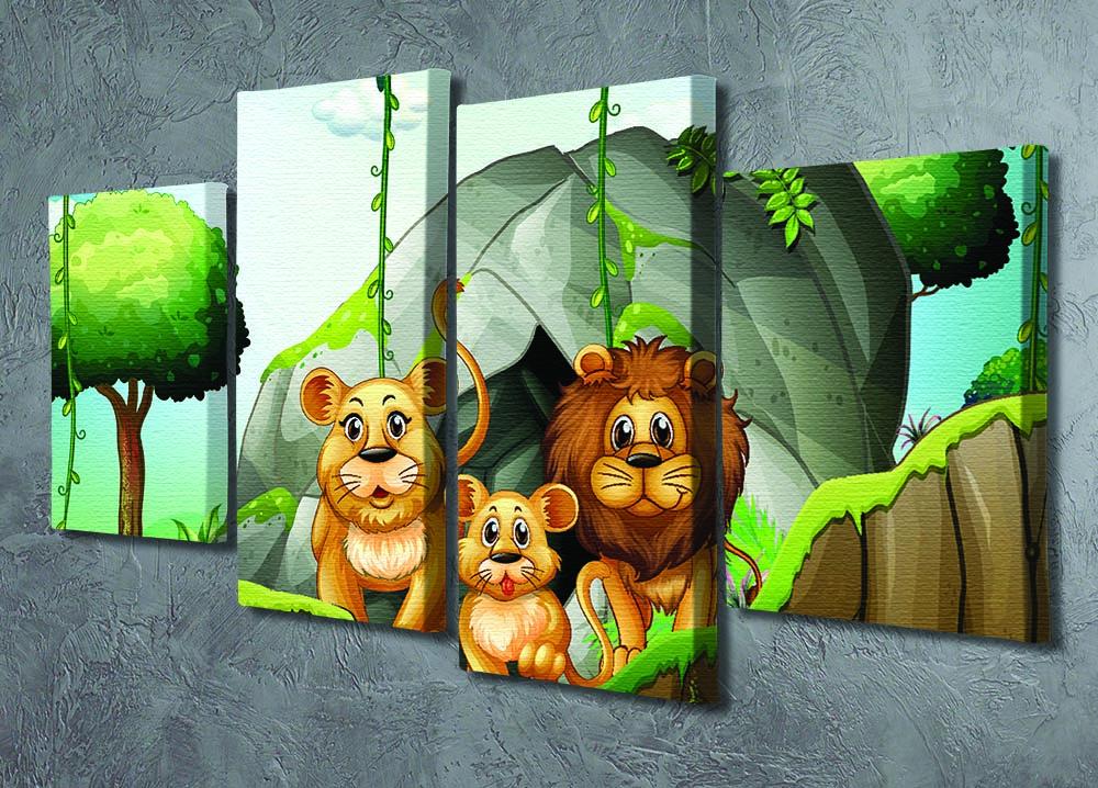 A vibrant 4-split canvas artwork featuring a lion family in a lush jungle setting, showcasing the beauty of nature.
