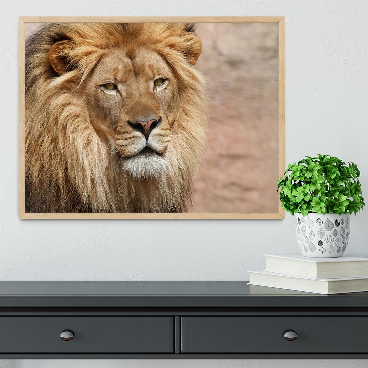 A beautifully framed print of a lion, showcasing vibrant colors and high-quality craftsmanship in a stylish frame.
