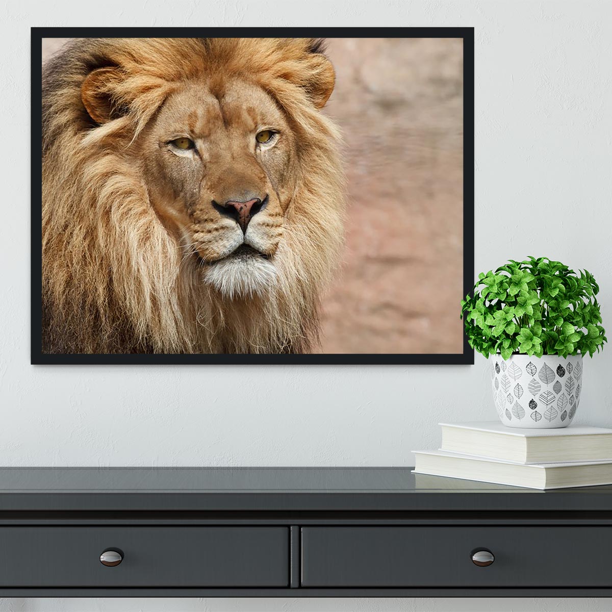 A beautifully framed print of a lion, showcasing vibrant colors and high-quality craftsmanship in a stylish frame.