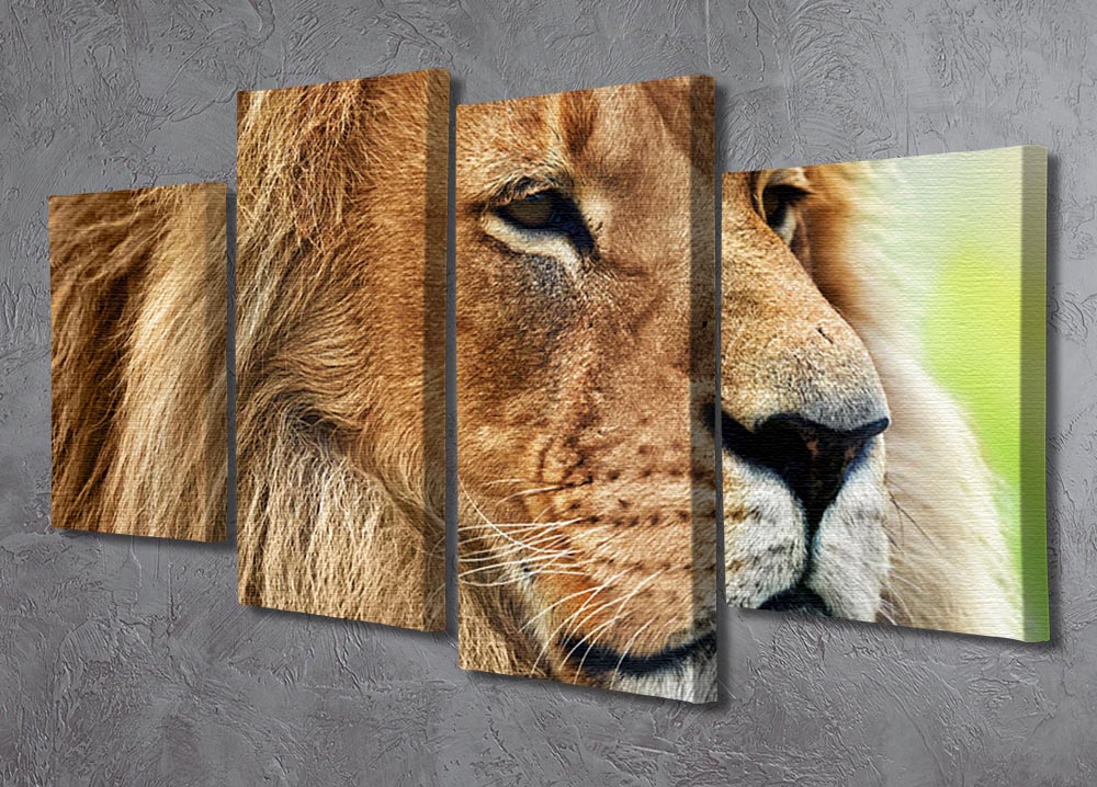 A stunning 4-panel canvas artwork featuring a lion portrait set against the savanna, showcasing vibrant colors and intricate details.