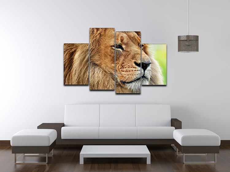 A stunning 4-panel canvas artwork featuring a lion portrait set against the savanna, showcasing vibrant colors and intricate details.