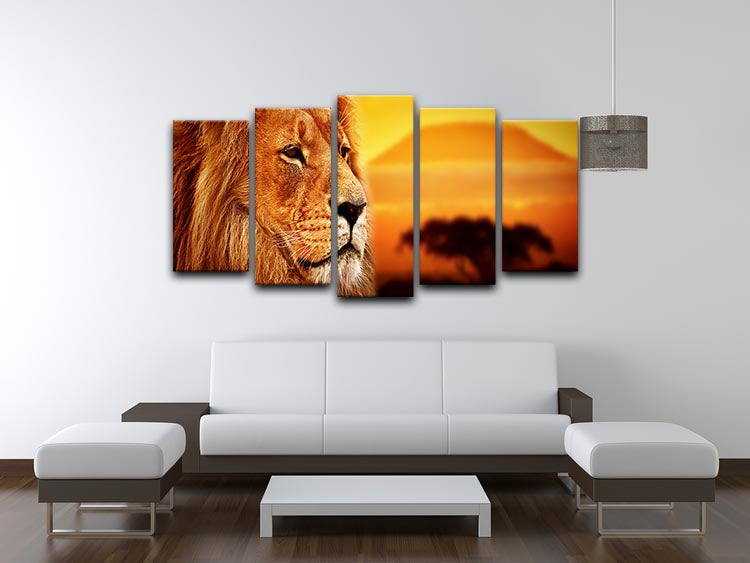 A captivating lion portrait set on a savanna landscape, divided into five panels, showcasing vibrant colors and intricate details.