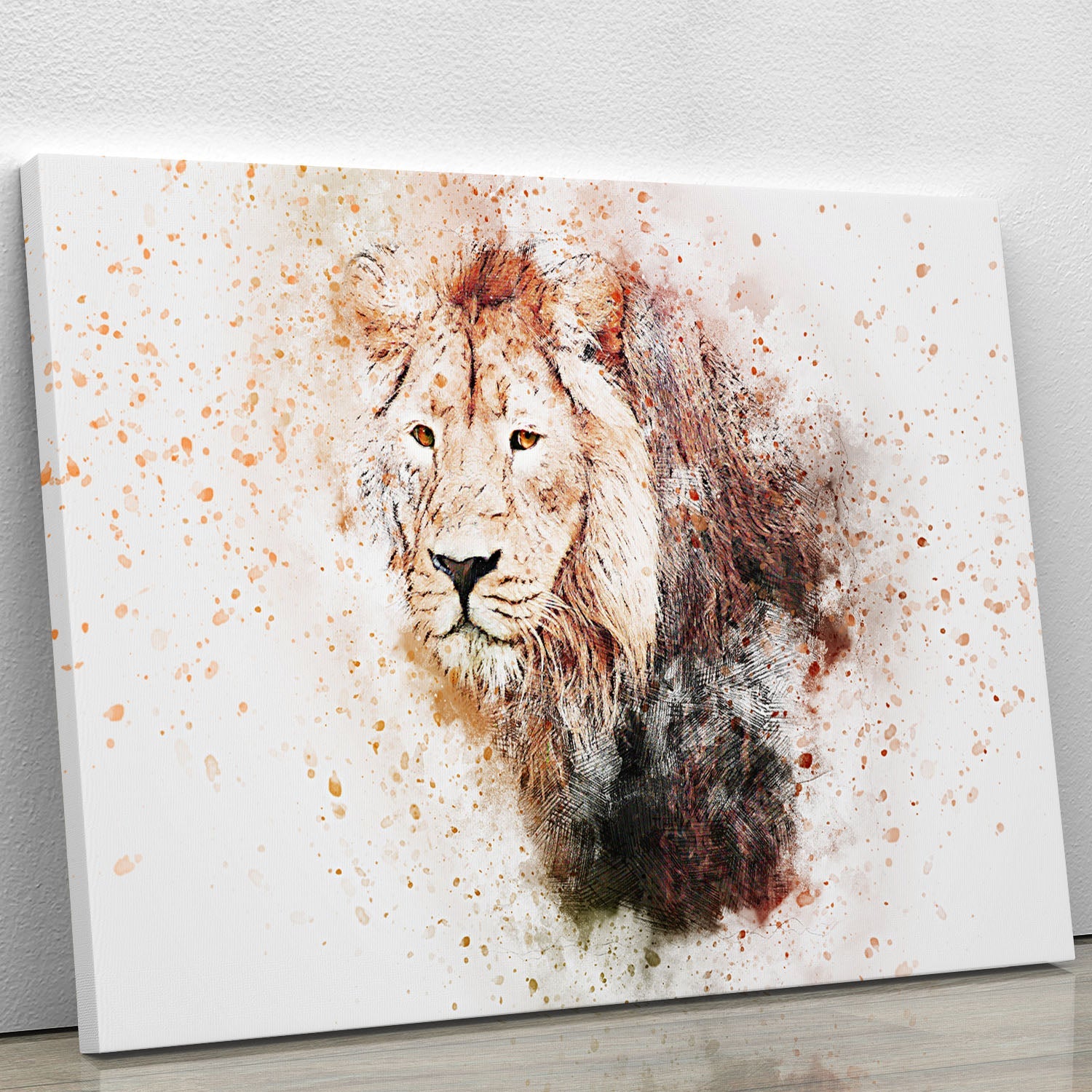 A vibrant Lion Splatter Canvas Print showcasing a dynamic splatter design of a lion, perfect for home decor.