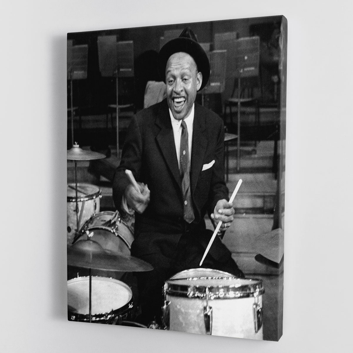 Canvas print featuring Lionel Hampton playing the drums, showcasing vibrant colors and artistic details.