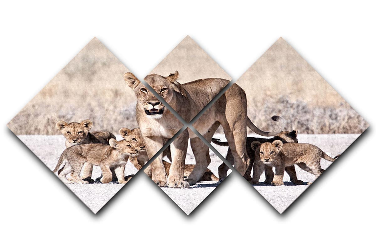 A beautiful multi-panel canvas artwork featuring a lioness and her playful cubs, divided into four equal square sections for a striking display.