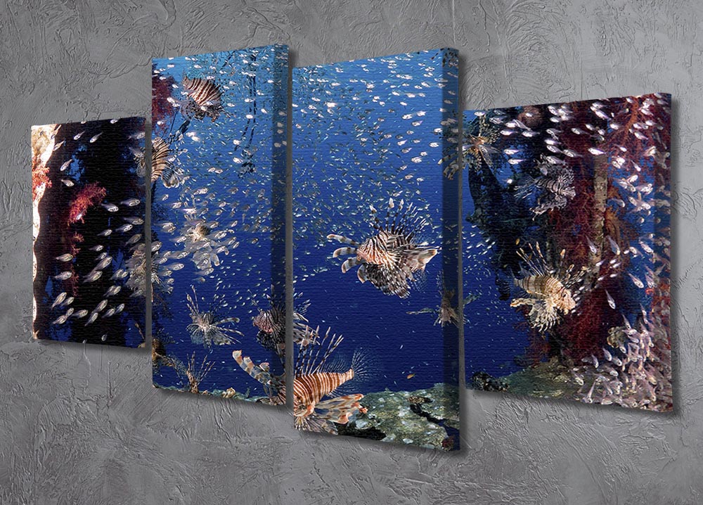Lionfish Party 4 Split Panel Canvas artwork featuring vibrant colors and dynamic design, divided into four equal sections.