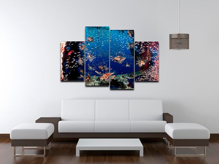 Lionfish Party 4 Split Panel Canvas artwork featuring vibrant colors and dynamic design, divided into four equal sections.