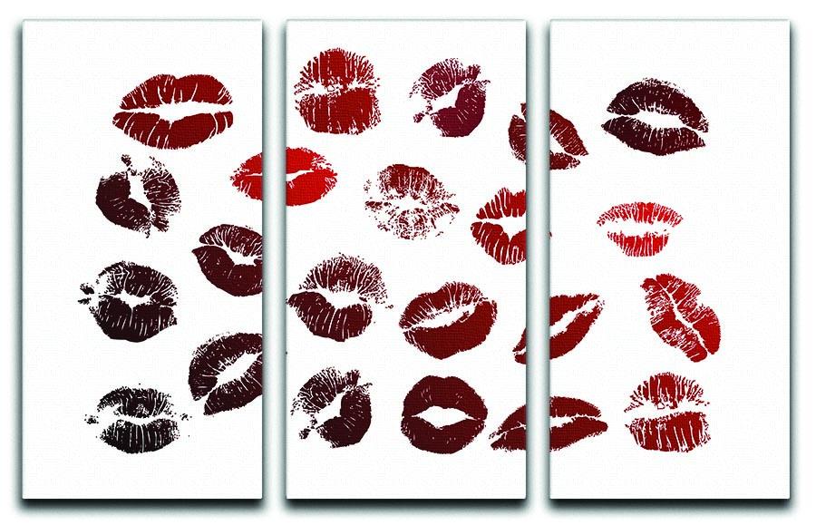 A vibrant 3-panel canvas print featuring artistic lipstick kisses, perfect for home decor.