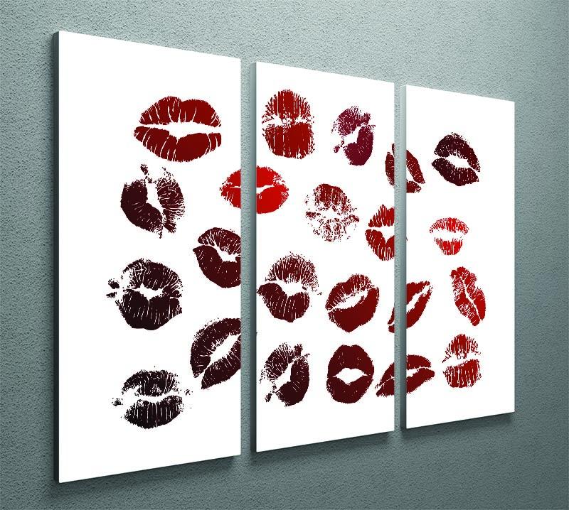 A vibrant 3-panel canvas print featuring artistic lipstick kisses, perfect for home decor.