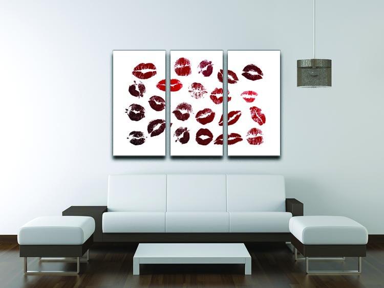 A vibrant 3-panel canvas print featuring artistic lipstick kisses, perfect for home decor.