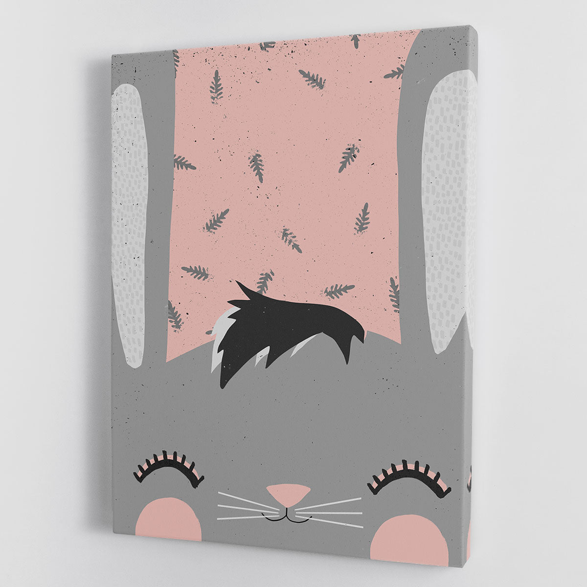 A vibrant pink canvas print featuring a cute bunny, perfect for home decor.