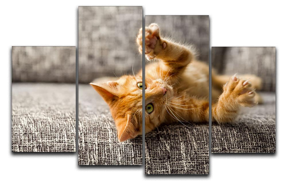 A charming 4-panel canvas artwork featuring a playful cat on a bed, showcasing vibrant colors and a whimsical design.