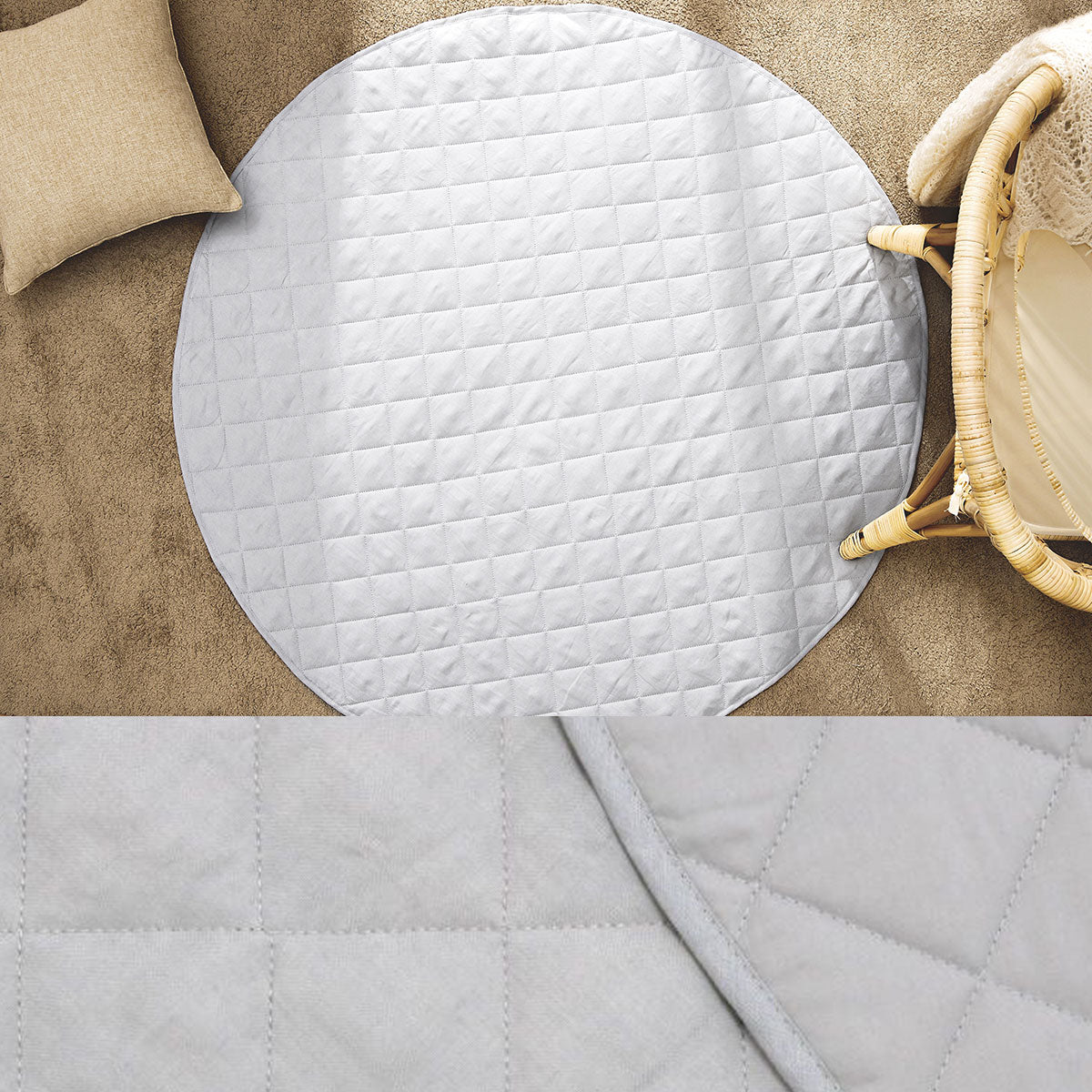 Little Gem Round Linen Cotton Baby Play Mat in Silver, 130cm diameter, featuring a quilted pattern and water-repellent cotton reverse side.