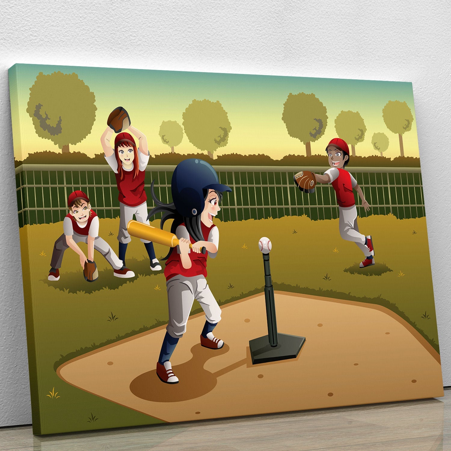 A colorful canvas print featuring little kids joyfully playing tee ball, perfect for children's rooms.