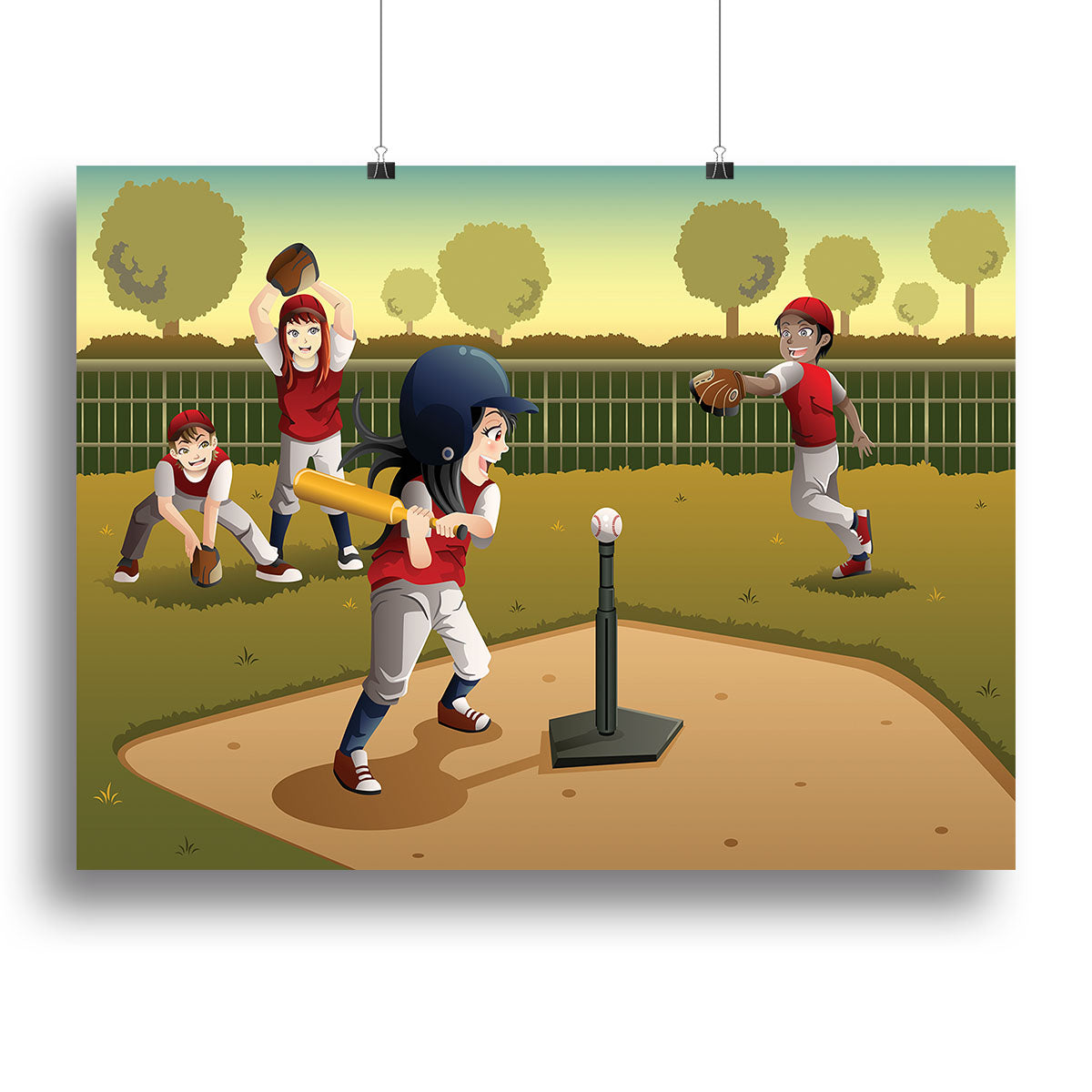 A colorful canvas print featuring little kids joyfully playing tee ball, perfect for children's rooms.